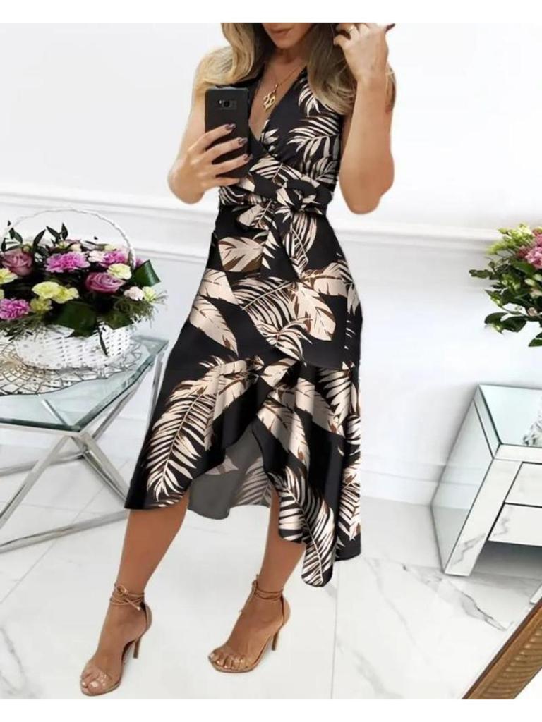 Abito con Scollo a V e Stampa Floreale Vestibilità Aderente Vita Alta Abito Asimmetrico Elegante Abiti Senza Maniche Casual Donna