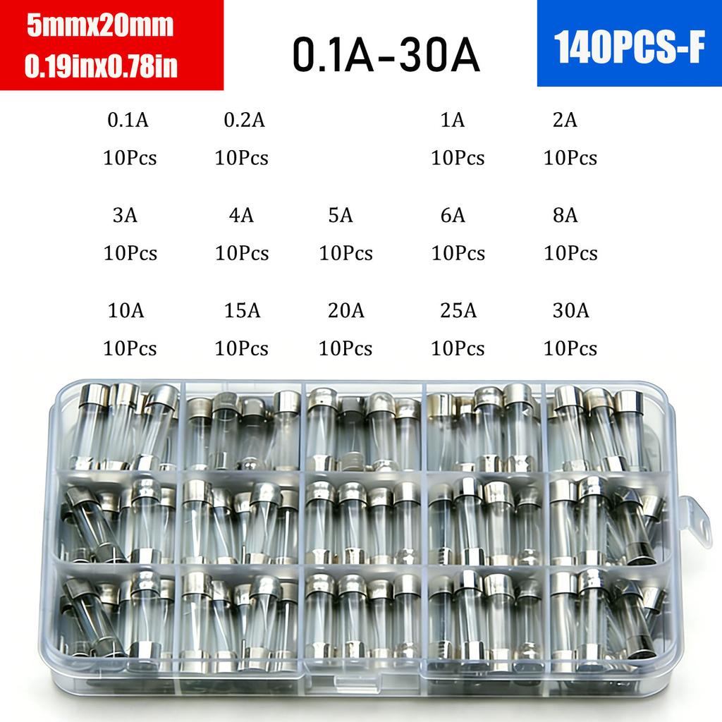 Car Fast-Blow Glass Tube Fuses 0.1A~35A Quick Blow Car Glass Tube Fuses Assorted Kit for Car Light Inflator