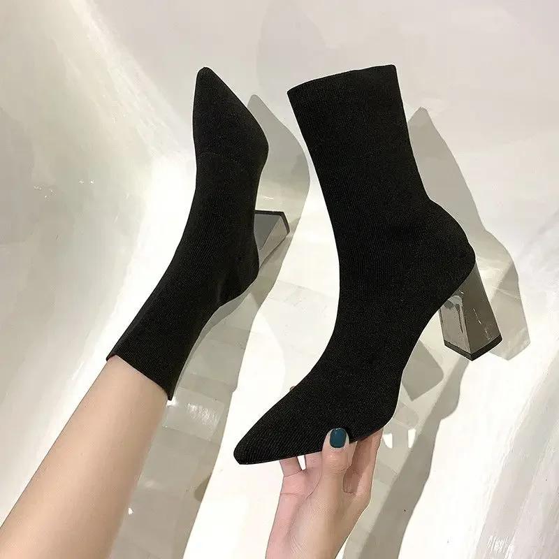 Fashion Booties Sock Black Woman Short Shoes Elastic Ankle Boots for Women Trend 2024 Large Size Warm Chic and Elegant Sale Autumn Pu 39