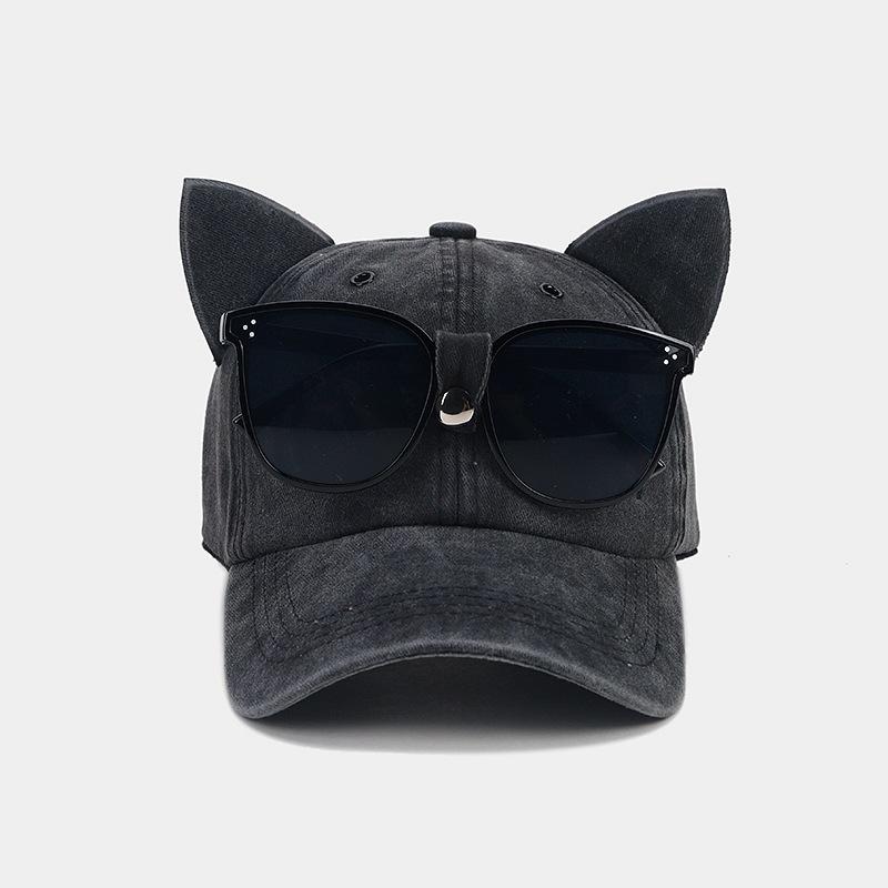 Cute cat ears pilot glasses baseball cap women street trend washed old cap outdoor sun protection cap