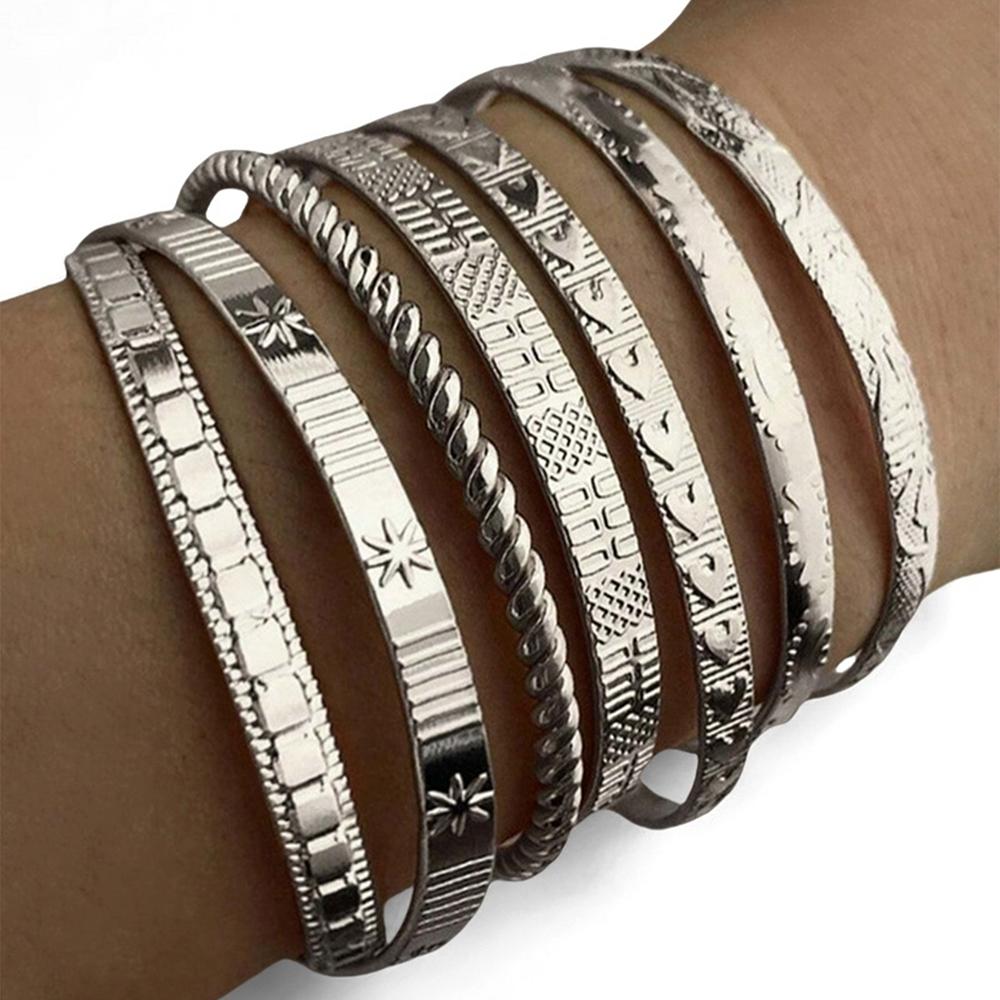 7 Pcs/Set Vintage Elegant Hexagon Star Twist Design Bangle Bracelet Golden Color Hand Zircon Gift