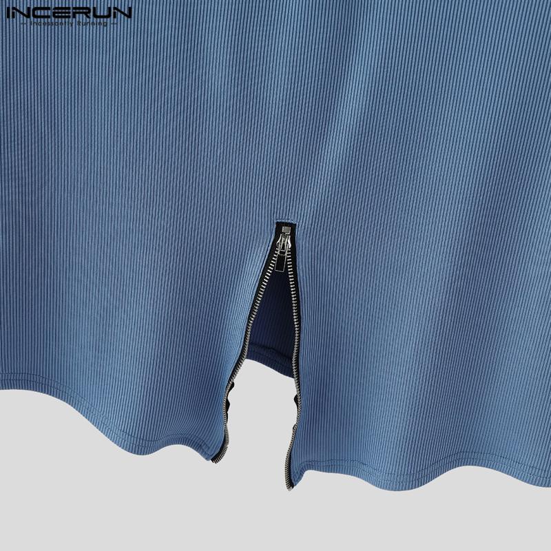 INCERUN Męskie bezrękawniki z dekoltem w serek, zapinane na zamek, w jednolitym kolorze, casualowe, prążkowane