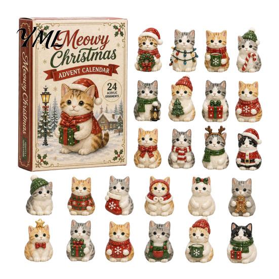 Cute Cat Collection Christmas Advent Calendar, 24 Day Countdown with Ornaments, Calendar for Girls 2D Acrylic Kitty Holiday Decorations, Gift