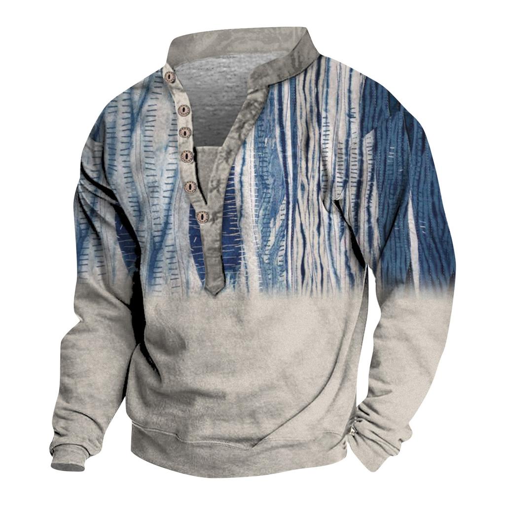 Pullover mit V-Ausschnitt für Herren, 3D-Digitaldruck, Stehkragen, 6 Knöpfe, Vintage-Kragen