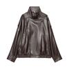 Womens Faux Leather Jacket Casual Loose Fit Square Collar Zip Up Coat