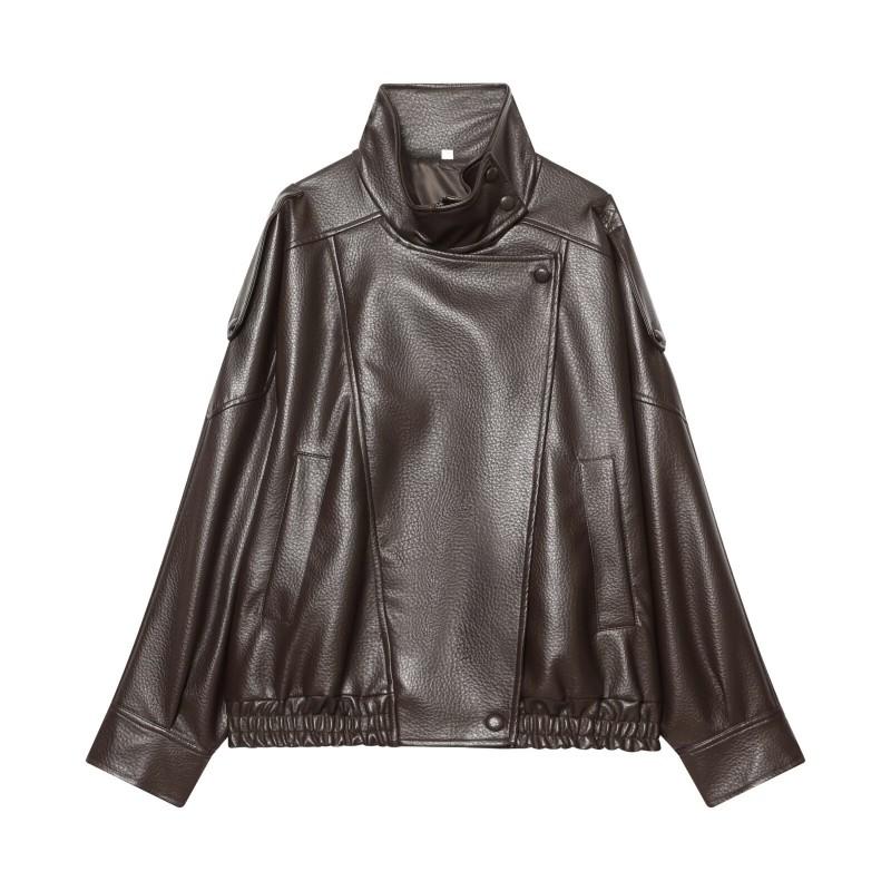 Womens Faux Leather Jacket Casual Loose Fit Square Collar Zip Up Coat