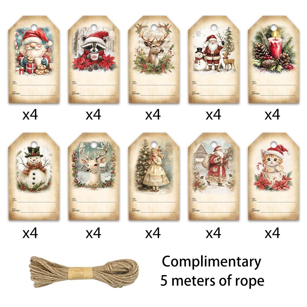 40pcs, Christmas tags, gift labels, party decorations, DIY, packaging embellishments, greeting cards, party cards, jute twine