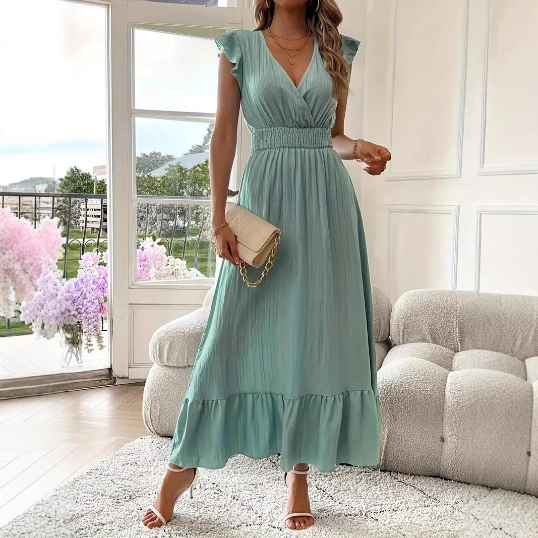 

Women s Mint Green V-Neck Flutter Sleeve Ruffled Hem Midi Dress with Waist Pleats S світло-зелений колір