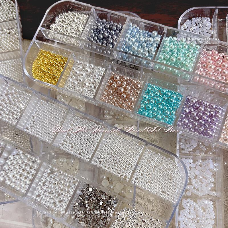 12 Grids Colorful Pearl Nail Art Decorations: Mixed Size White Pearls, Full & Half Round