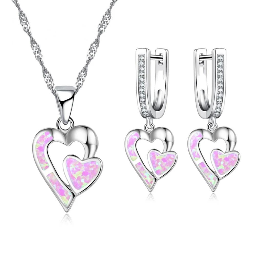 Romantic Double Heart Imitation Blue Fire Opal Pendant Necklace Earrings For Women Wedding Band Jewelry Accessories Set