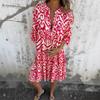 Women's Spring Summer Four-sided Elastic Casual V-neck Print Pleated Dress