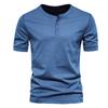 H HANMUY Men's Henley T-Shirt, Short Sleeve, Thermal Tee, Training Wear, V-Neck Top, Stretch, 100% Cotton, Solid Color, Summer Wear, Blue, Size M