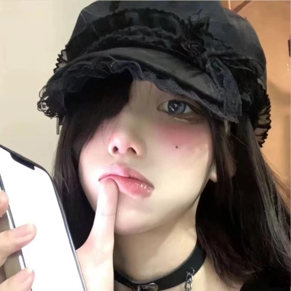 Cool Black Y2K Hat Girl Double Layer Lace Outdoor Sun Hat Versatile Lace Beret Caps  Women Ladies