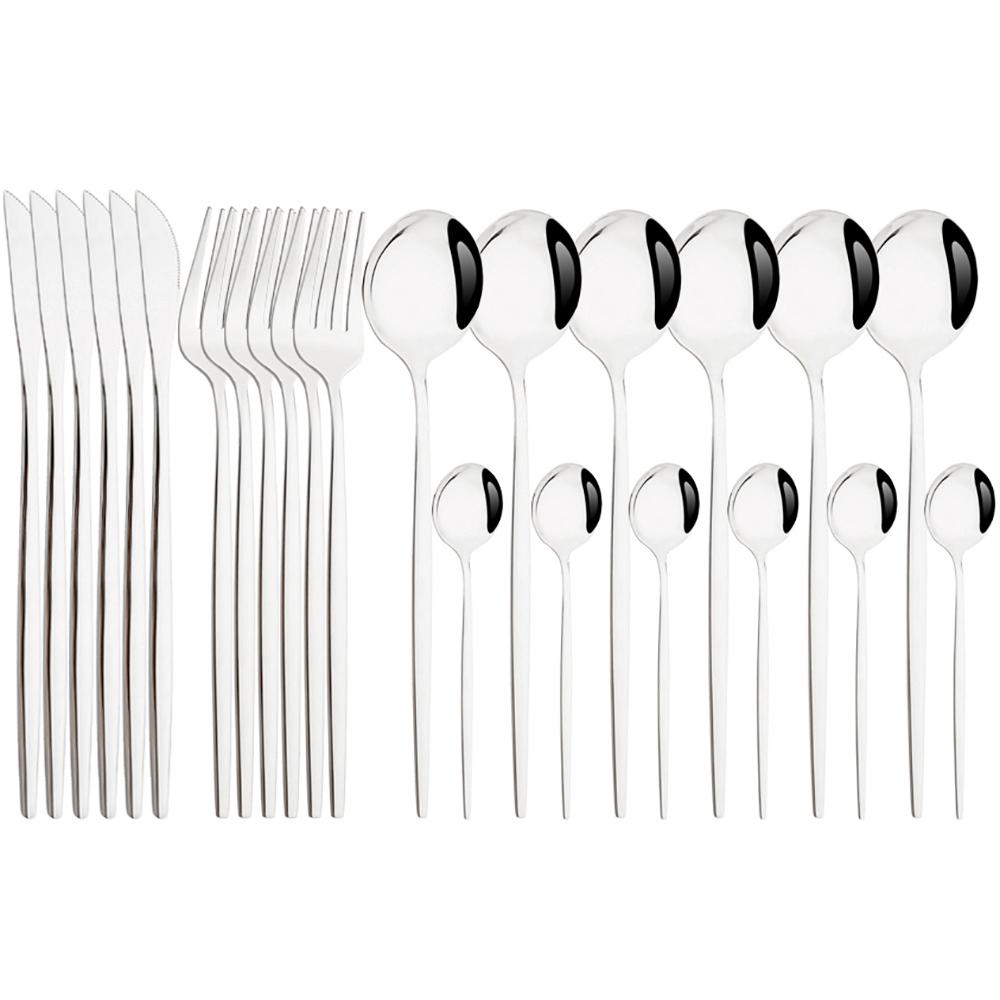 

24 шт. красочный набор столовых приборов из нержавеющей стали, набор столовых приборов, кухонное зеркало, набор посуды, обеденный нож, вилка, ложка, коробка, набор 24Pcs Silver