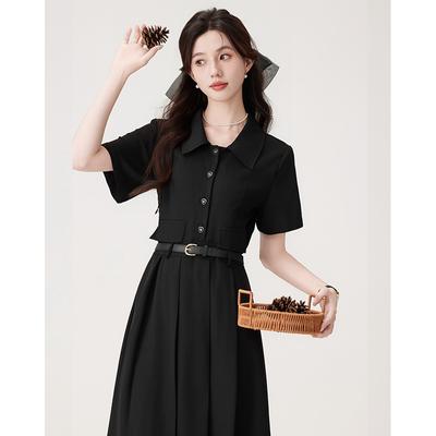 Sommer-Temperament Falten-Taillenkleid Damen Mittel- und Lang Hepburn-Stil Anzugrock + Gürtel