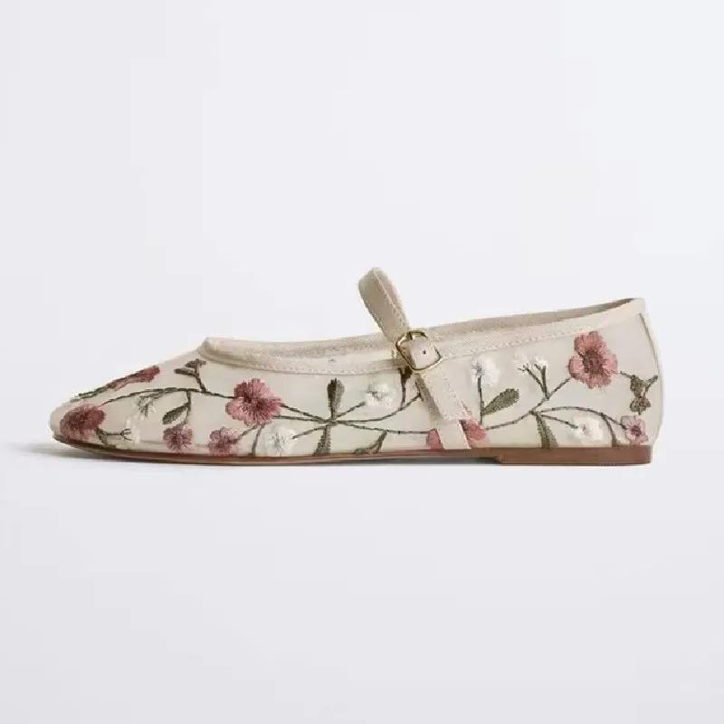 Mode Elegante Blumen Bestickt Marken Ballerinas Damen Atmungsaktives Mesh-Design Mary Jane Schuhe Leichte Bequeme Flache Sandalen