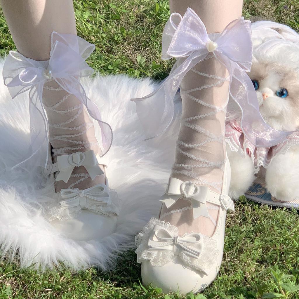 New Lolita Bowknot Polka Dot Mid-Calf Nylon Anti-Slip Socks Sweet Girl Summer Edition