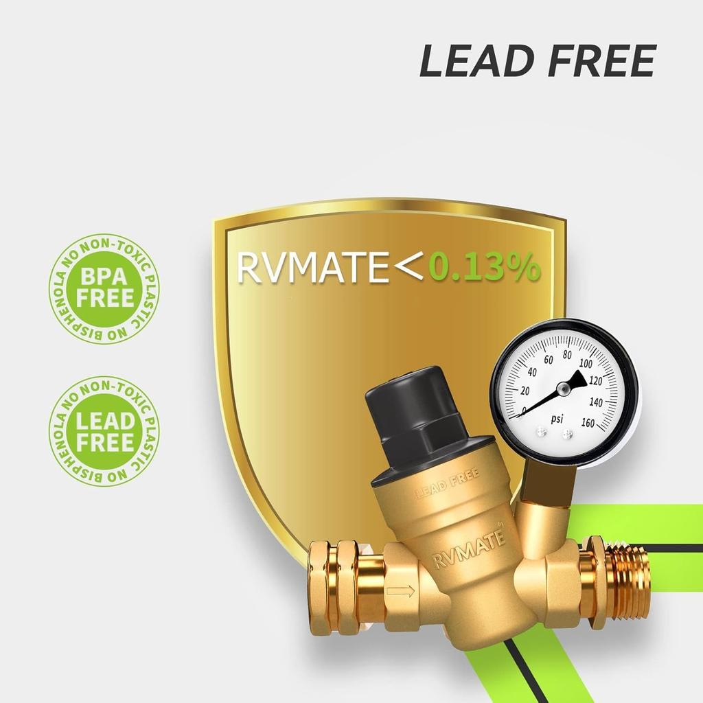 RVMATE RV Water Pressure Regulator, Brass Lead-Free Water Pressure Reducer Kit, Adjustable Valve With Inlet Screen Filter, For Camper Travel Trailer