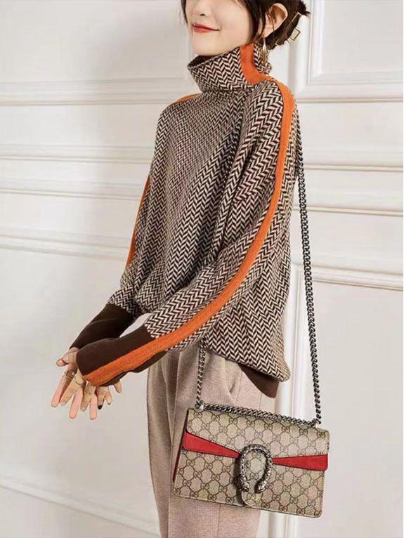 Pull Rétro en Cachemire pour Femme - Coupe Ample, Col Montant, Couleur Contrastée, Automne/Hiver