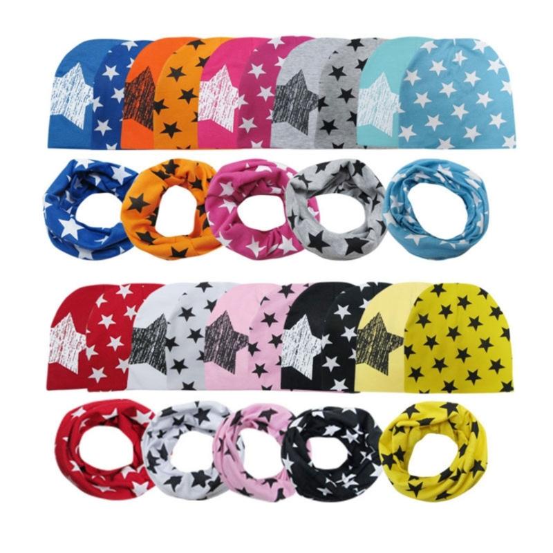 Baby Hat & Scarf Set 3Pcs Unisex Toddler Muslin Hat Pentagram Print Beanie Collar Scarf Infant Windproof Warm Headdress