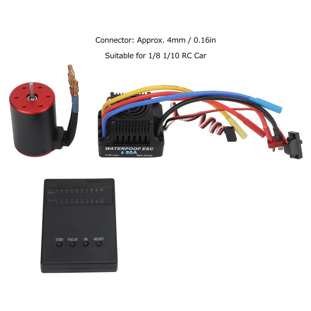 3650 3900KV Brushless Motor 80A ESC Set Waterproof Brushless Motor with Programming Card 4mm Banana Plug for 1/10 1/8 RC Car