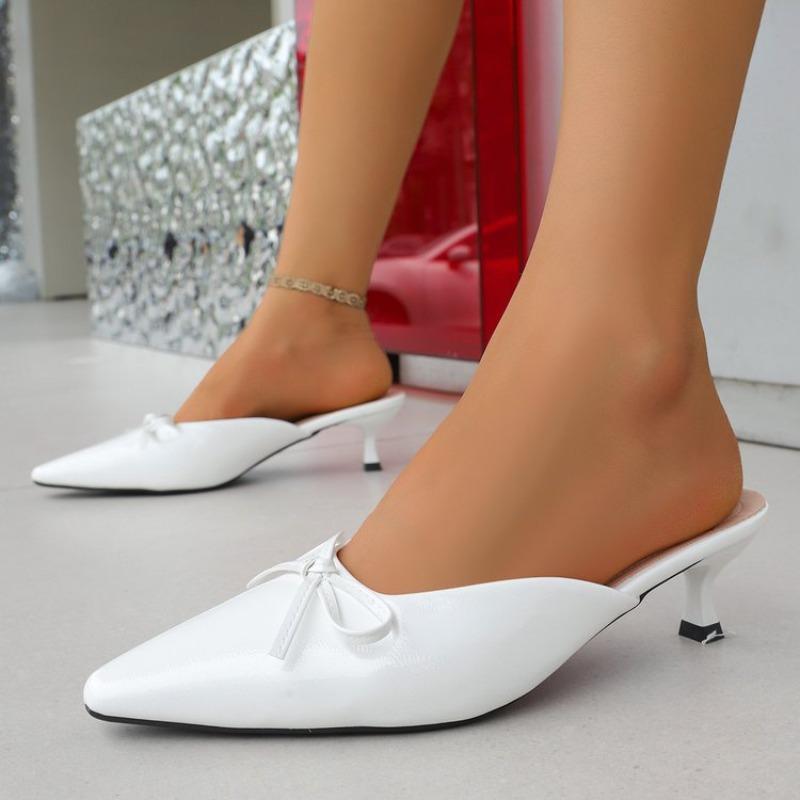 Women Fashion Butterfly-Knot Thin Heels Slipper Shoes Women Pointed Toe Slides Women Elegant Medium Heel Solid Mules Slippers