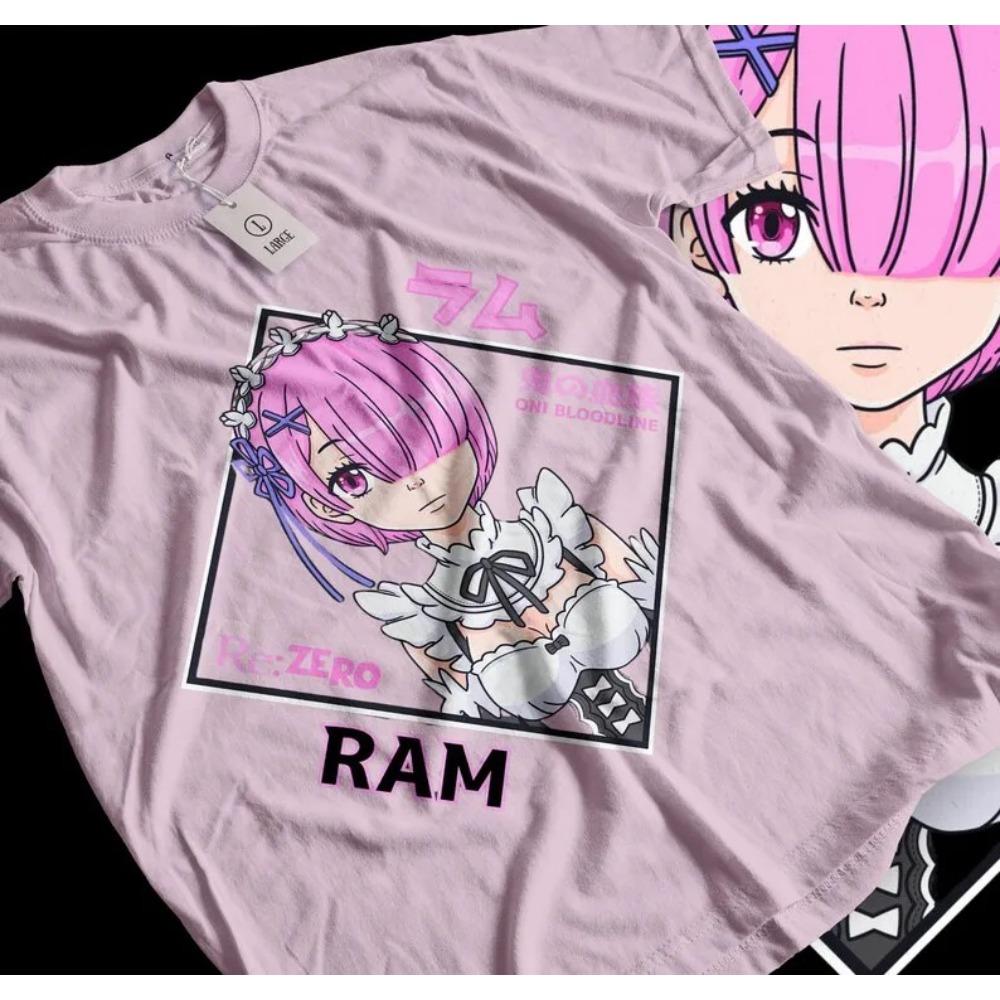 Re:ZERO -Starting Life In Another World- Ram "Oni Bloodline" Maid Outfit Print T-Shirt | Unisex Cotton Casual Short Sleeve Anime Streetwear Top