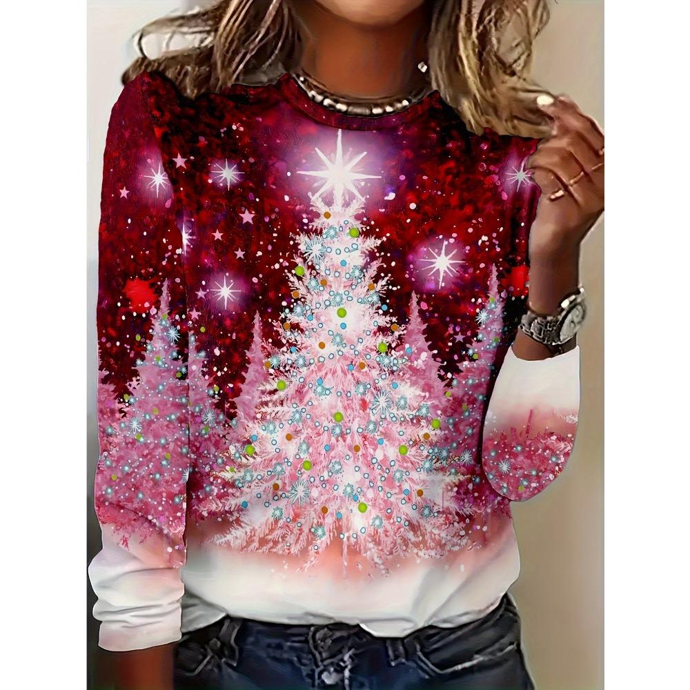 Women's Casual Christmas Tree Gradient Print Long Sleeve T-Shirt Casual Round Neck Top