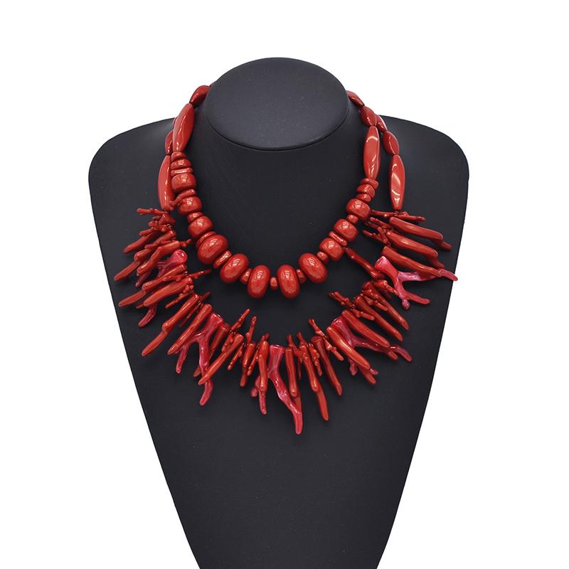 2Pcs Vintage Exaggerated Red Coral Necklace For Women Girls Boho Style Statement Retro Necklaces Fine Jewelry Gifts