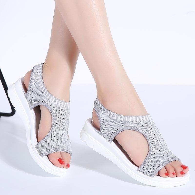 Women Summer Platform Middle Heels Mesh Cotton Fabric Student All-match Wedge Sandals