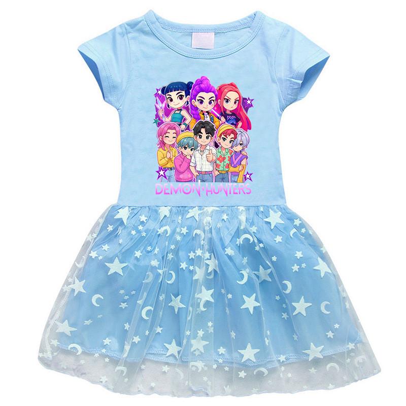 Girls Kpop Mira Zoey Rumi Hunters Print Round Neck Cotton Mesh Dress