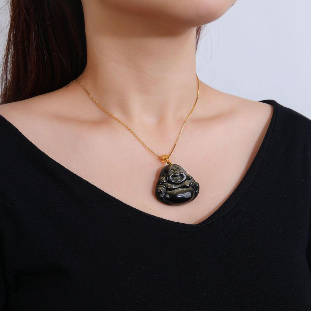 Exquisite Natural Gold Obsidian Laughing Buddha Pendant Amulet Necklace with Clavicle Chain.