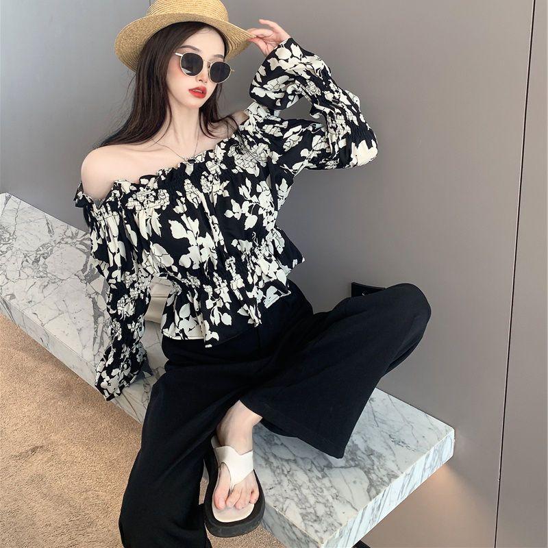 

Шифоновая рубашка с цветочным принтом, женская блузка с разрезом на шее и оборками, топ с длинным рукавом, сладкий сексуальный эластичный пояс с расклешенными рукавами, простой повседневный летний XL чёрный