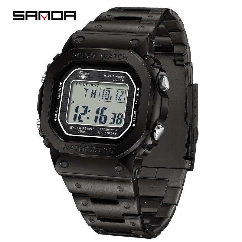 Sanda Men's Square Waterproof Electronic Watch with Fashionable Light and Alarm Clock.