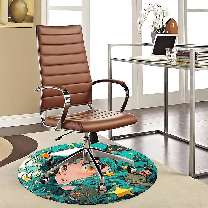 1pc Anime Design Round Carpet Office Chair Mat with Cats and Stars, Home Decor, Gaming Room 80cm