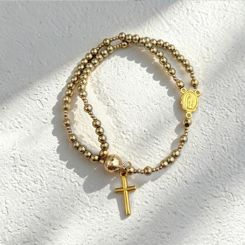 Color Crystal Beaded Cross Pendant Double Ring Bracelet, Simple and Versatile Stacked Bead Jewelry