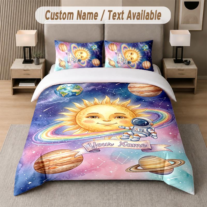 Space Cosmic Theme Custom Text Or Name 3Pcs Bedding Set 1 Flat Sheet & 2 Pillowcases Personalized Home Bedding