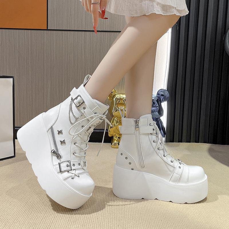 New Winter High Heels Women'S Round Head Front Lacing Side Zipper Rivet Thick Soled Non-Slip Mid-Calf Boots