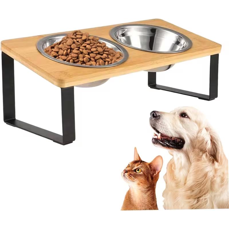 Elevated Cat Bowls Pet Feeder 15° Tilted Raised Cat Food Bowls with Wooden Stand 2 Stainless Steel Bowls for Cats