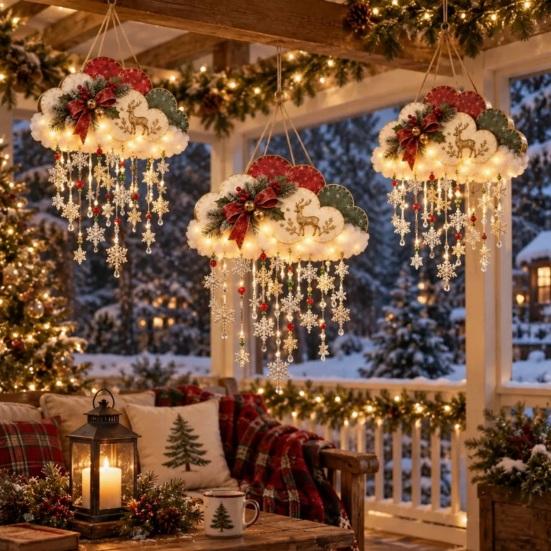 Christmas Party Supplies Vintage Lighted Snowfall Cloud, Cascading Snowflake Light with Reindeer/Angel, Winter Hanging Decor LED Holiday Lantern