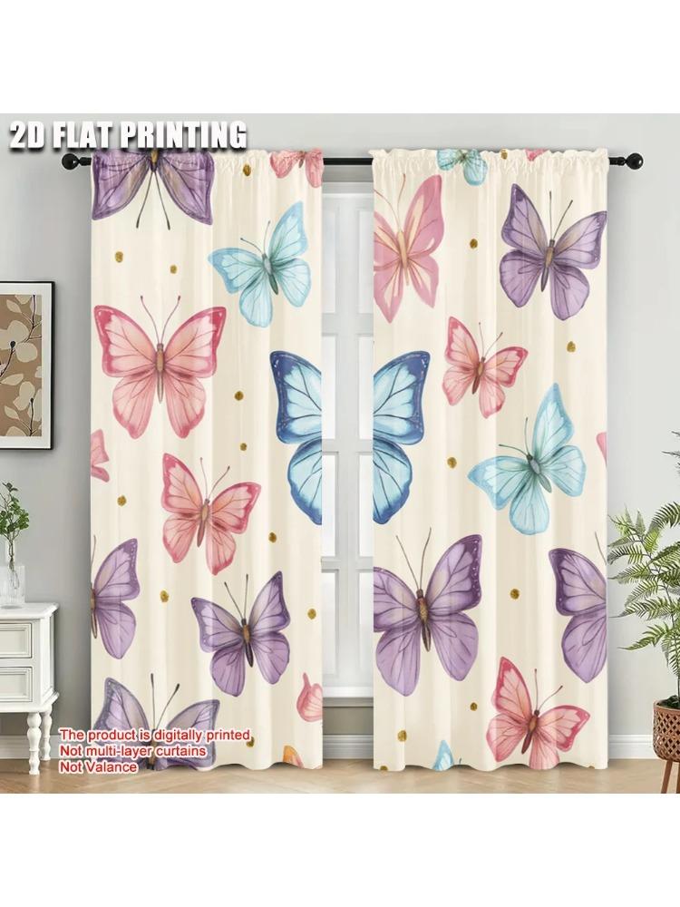 

Plane Printing Curtains Digital Printed Butterfly Print Polyester Fabric Without Rod Home Decor Living Room Curtain Perfect For W100*H70(CM)-Grommet top&2PCS