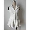 French Style Temperament V-neck Buttons Sleeveless Slim-Fit Crop-Top Women + Fashion High Waist Pleated Skirt Suit New Arrival