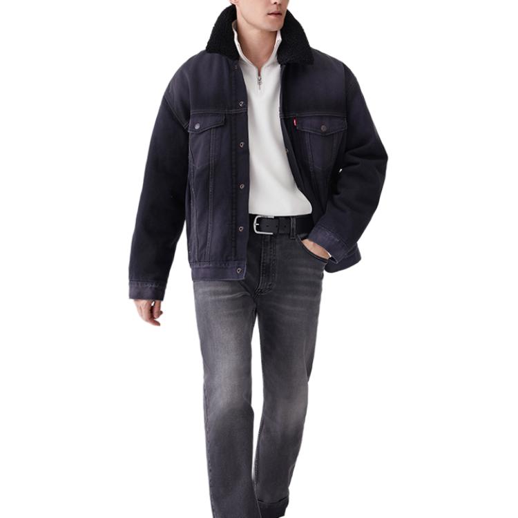 Levis Color Block Simple Comfortable Versatile Lapel Faux Shearling Denim Jacket Men Jacket Black 0017B-0001