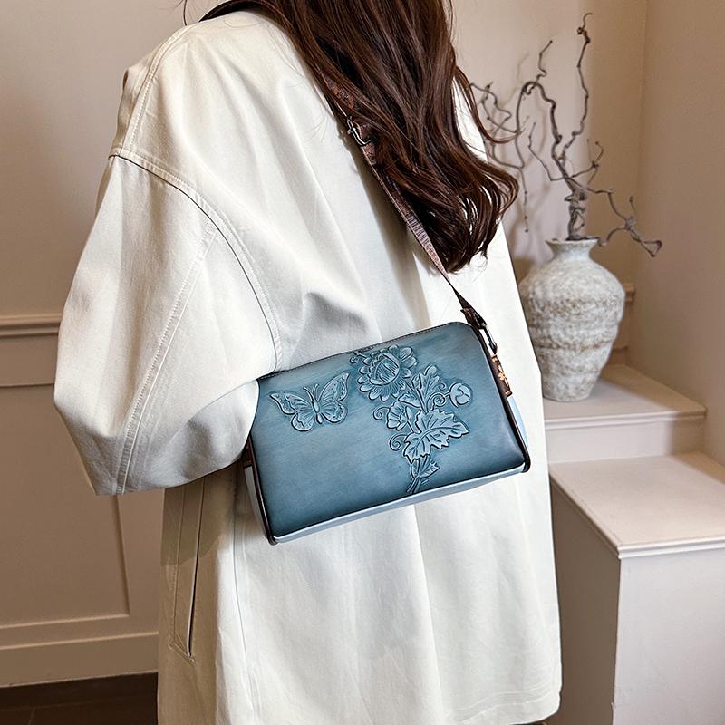 Vintage PU Leather Women Cylinder Crossbody Bag Butterfly Floral Embossed Shoulder Bag Wide Strap Retro Ladies Small Handbag for Daily Shopping