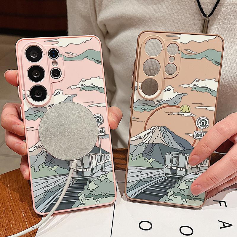Magnetic For Magsafe Case For Samsung Galaxy S26 Ultra S25 Edge S24 Plus S23 FE S22 A54 A55 A56 5G Anime Landscape Train Pattern Matte Cover