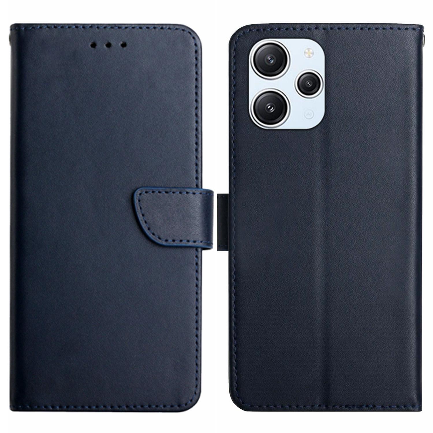 

HT02 For Xiaomi Redmi 12 4G TPU+Genuine Cow Leather Wallet Stand Case Nappa Texture Shockproof Phone Cover Blue