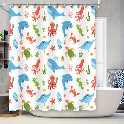 Underwater Animal Print Shower Curtain Home Decor for Bathroom Kids Bathing Room Decoration Waterproof Fabric Curtains (Blue)