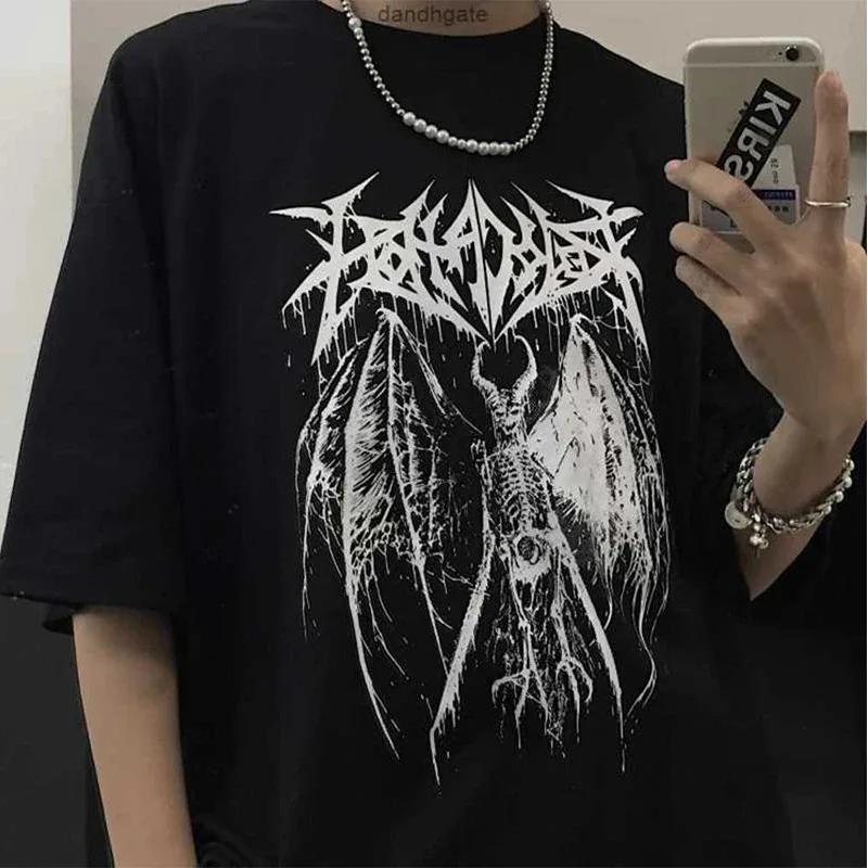 Summer Y2K Tee Women T-shirt Punk Print Dark Grunge Loose Streetwear Gothic Tops Oversized Unisex Tshirt Emo T Shirt Girl Clothes