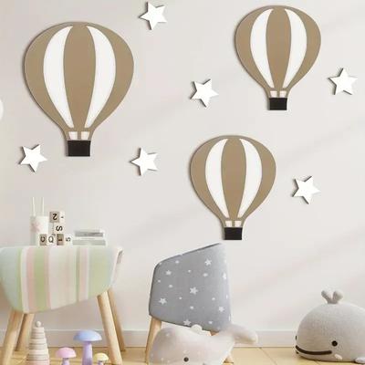 Set 9 Buc/Set Decorațiune de Perete Balon cu Aer Cald Fermă Rustic Balon din Lemn Stea Artă de Perete Autoadeziv Acasă Birou Living Ornament de Agățat pe Perete