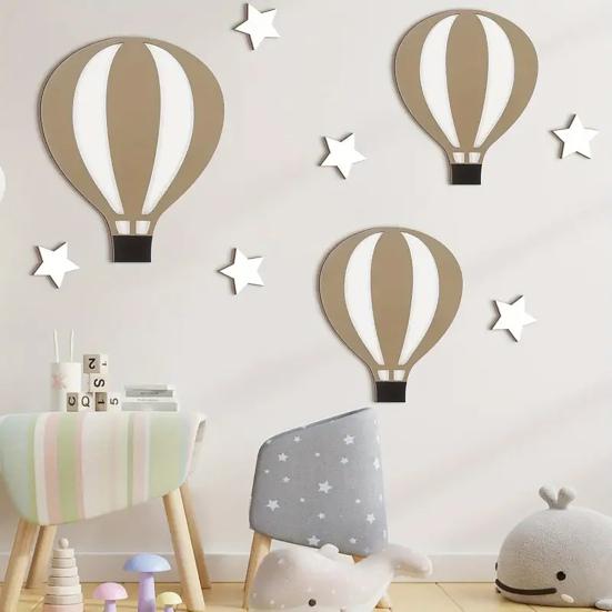 9Pcs/Set Hot Air Balloon Wall Decoration Farmhouse Rustic Wooden Balloon Star Wall Art Self-adhesive Home Office Living Room Wall Hanging Ornament